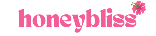 The logo for 'honeybliss' is displayed in a pink lowercase font, accompanied by a small pink hibiscus flower with green leaves on the right side, set against a solid white background.